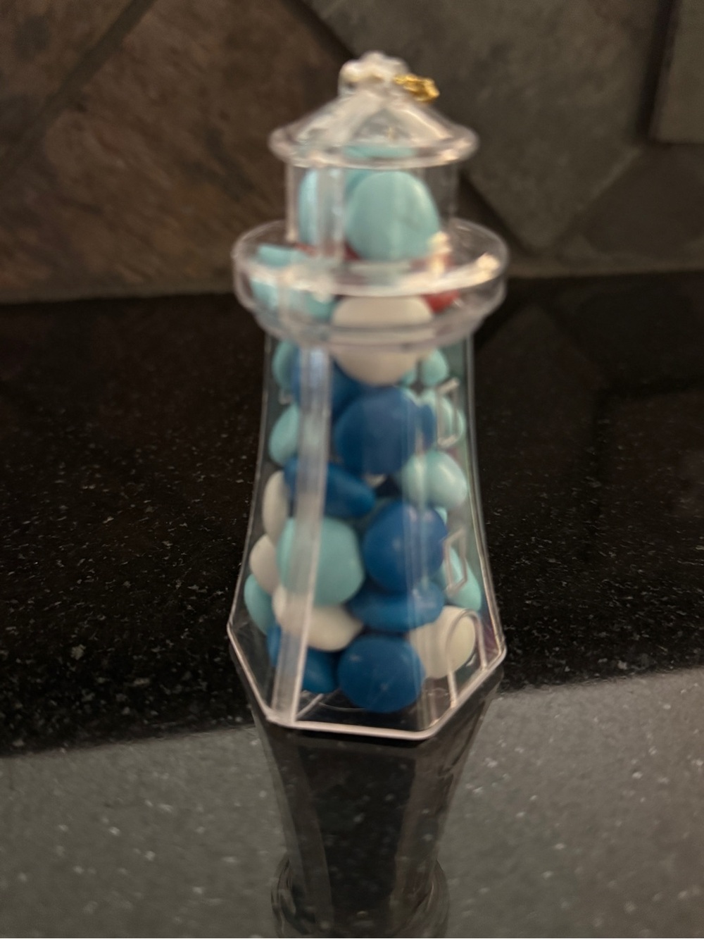 Clear Lighthouse Candy Tower with Blue and White Sweets